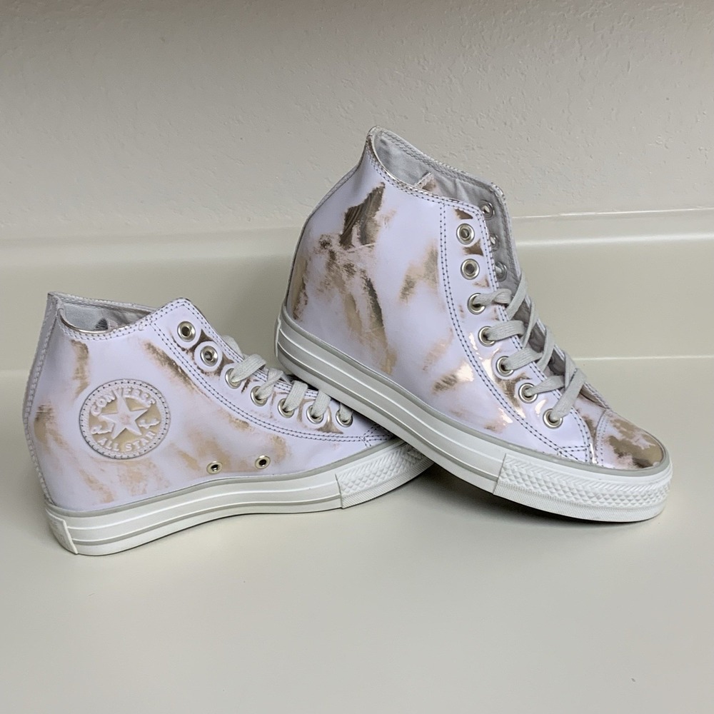 Converse Rare Lux Mid Hidden Wedge Brush Off Leather White Gold Sneaker 7